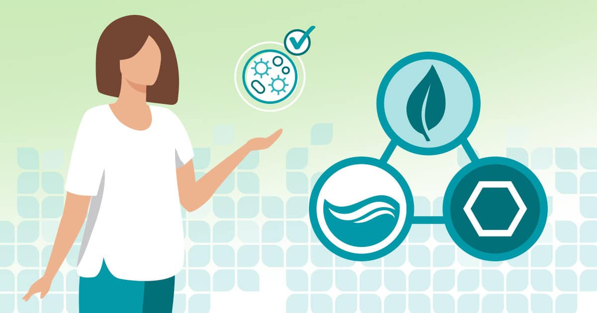 What to Know About Fulvic Acid Illustration of a woman presenting icons of a leaf, water and a hexagon
